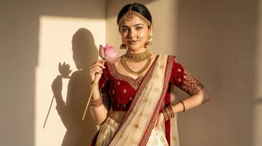 Golden Hour Goddess 2026 Gemini AI image generated Prompts Beautiful Indian outfit