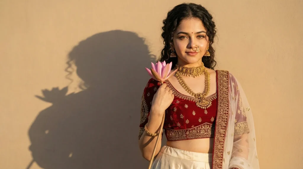 Golden Hour Goddess 2026 Gemini AI image generated Prompts Beautiful Indian outfit